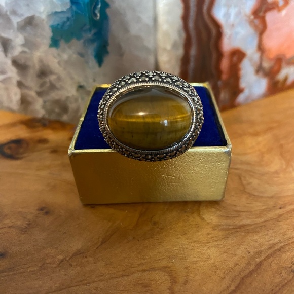 Vintage Tigers eye and Marcasite Ring Sterling Silver - Picture 7 of 7